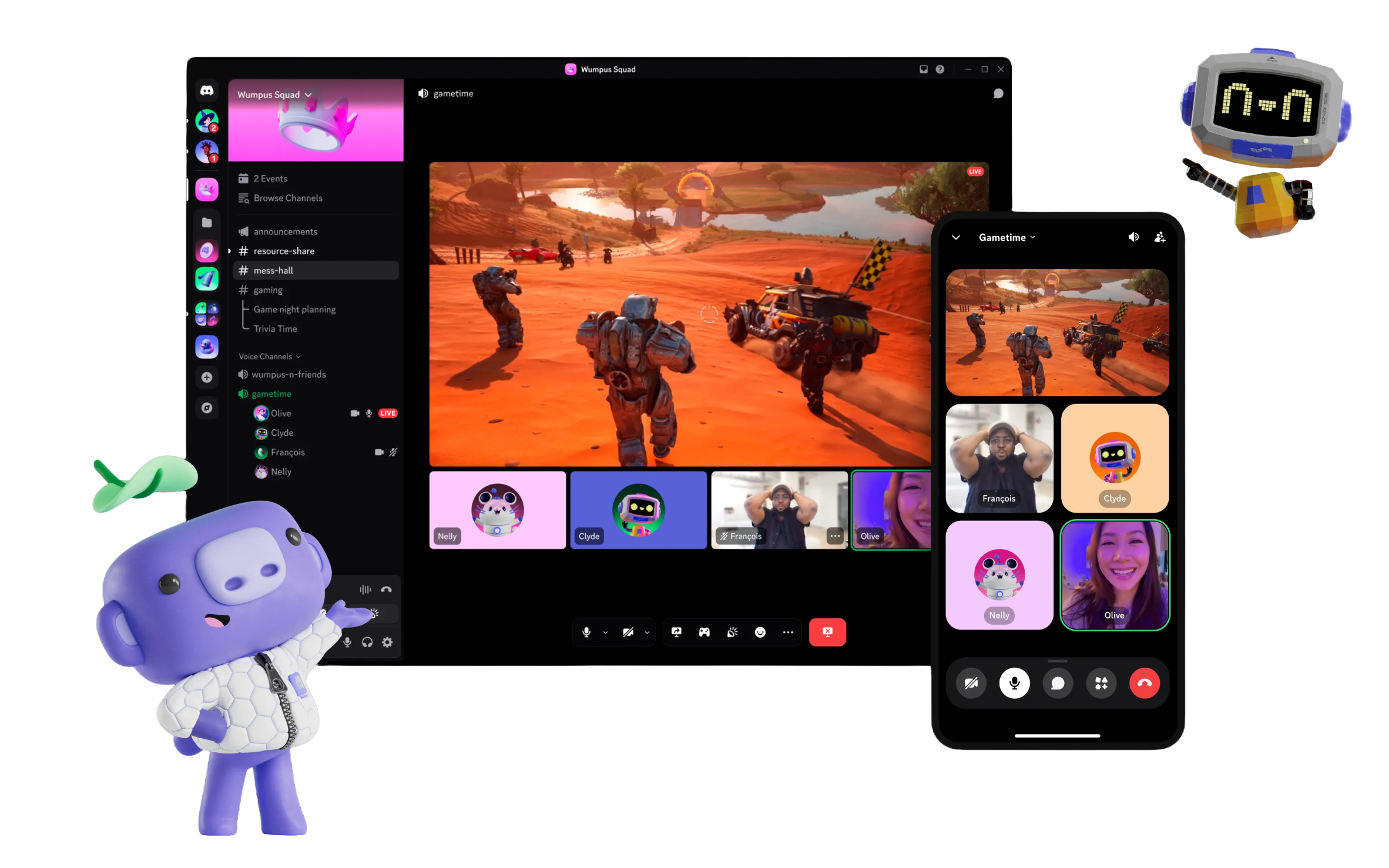 Discord download page hero visual showing devices and character elements
